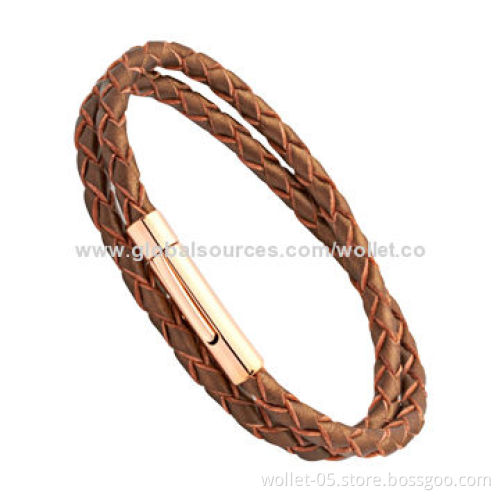 Wholesale fashionable jewelry brown braided genuine leather bracelet with magnetic button